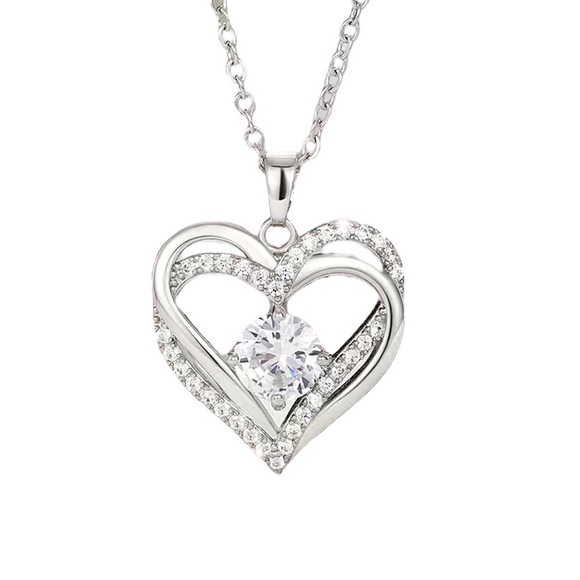 Diamond Double Heart Silver Toned Necklace - Picture 2 of 6